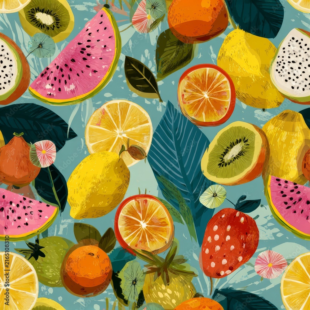 Bright tropical pattern with colorful fruits, abstract seamless vector wallpaper featuring summer-inspired exotic fruit illustrations