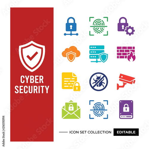 Cyber security icon set with modern flat symbols against black background