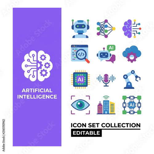 Artificial intelligence concept vector set featuring neon glyph icons on dark