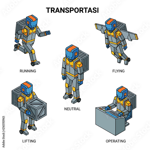 Isometric robot delivery characters set in different actions like running and flying