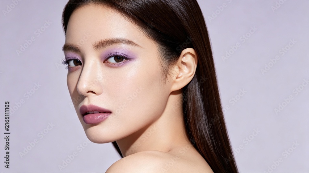 Fototapeta premium A close-up portrait of a young woman with straight dark hair, featuring purple eyeshadow and matte mauve lipstick against a soft lilac background.