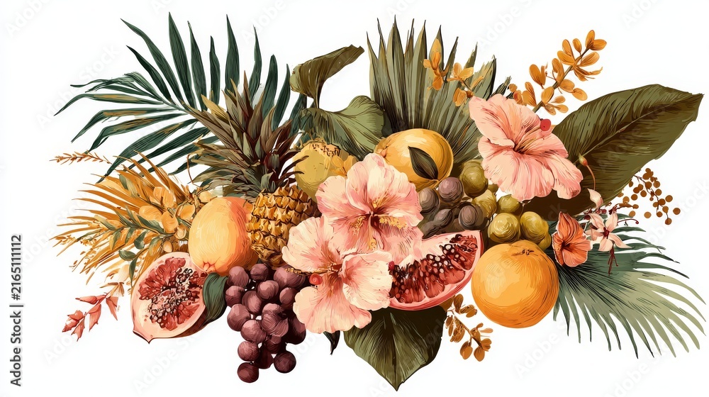 Fototapeta premium Elegant tropical floral and fruit bouquet with layered palm leaves, exotic plants, and summer fruits arranged in a stylish hand-drawn vector composition
