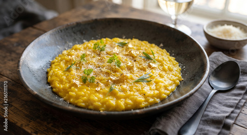  A modern culinary presentation of saffron risotto artfully spread in a wide, shallow dark stoneware bowl, finished with a delicate scattering of edible gold leaf flakes and micro-herbs.