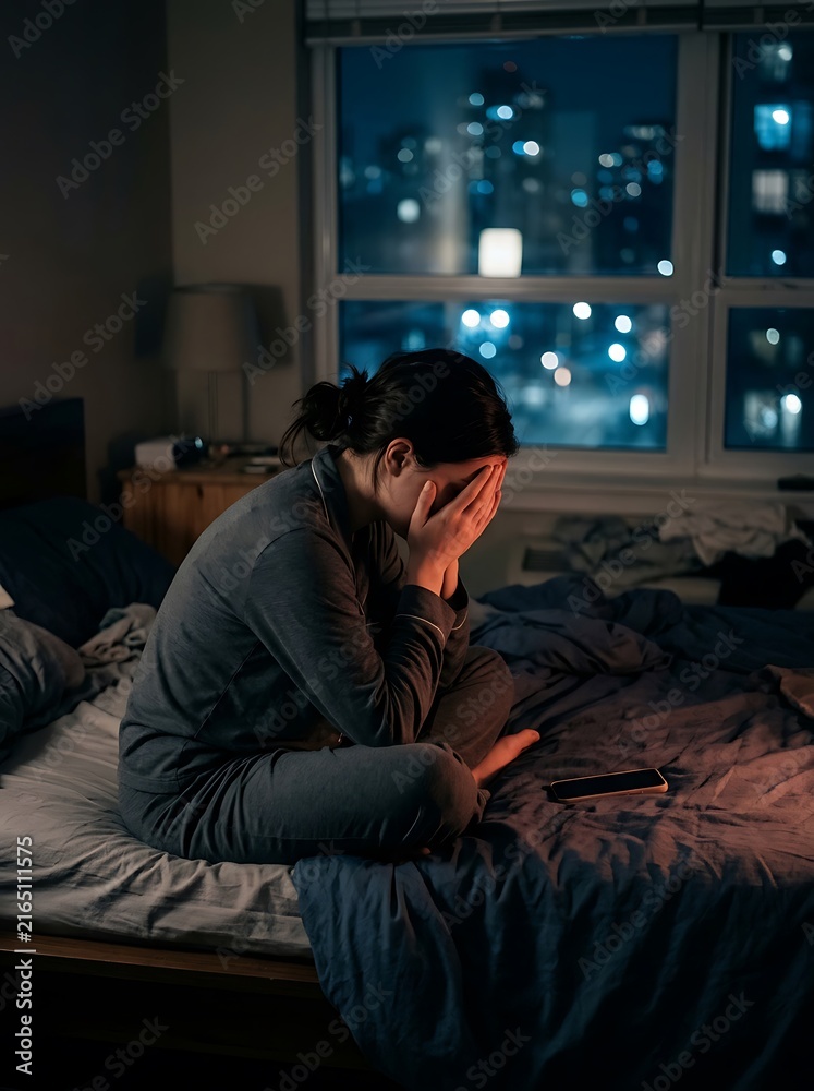 Fototapeta premium Upset woman sitting on bed at night with phone