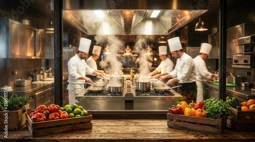 Professional chefs cooking in a busy high-end restaurant commercial kitchen.
