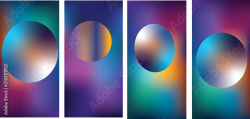 Four abstract vertical panels with gradient backgrounds and luminous spheres vector illustration