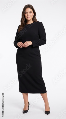 Elegant curvy woman in black midi dress on white background
