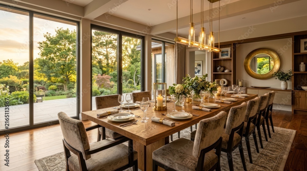 Fototapeta premium Elegant dining room with large table, modern chandelier, glass doors opening to a lush garden at sunset