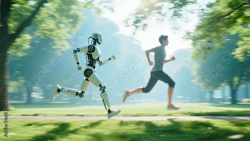 緑豊かな公園のジョギングコースで人間のランニングをサポートする人型ロボットと一緒に運動する未来の共生風景