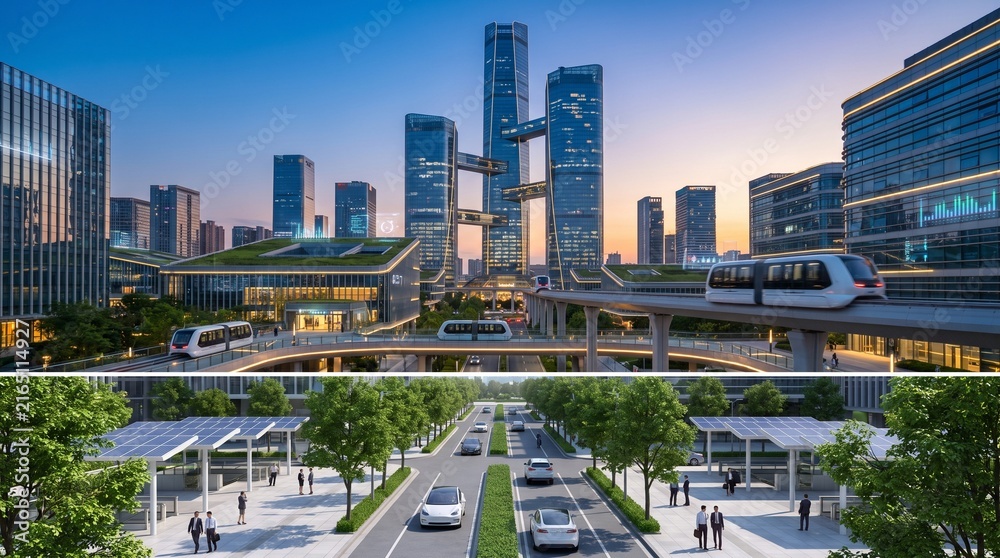 Fototapeta premium Futuristic urban landscape with modern skyscrapers, elevated trains, greenery, and pedestrian pathways