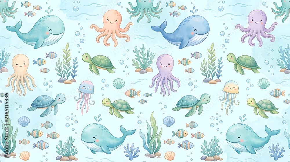 Fototapeta premium Cute seamless underwater ocean animal pattern