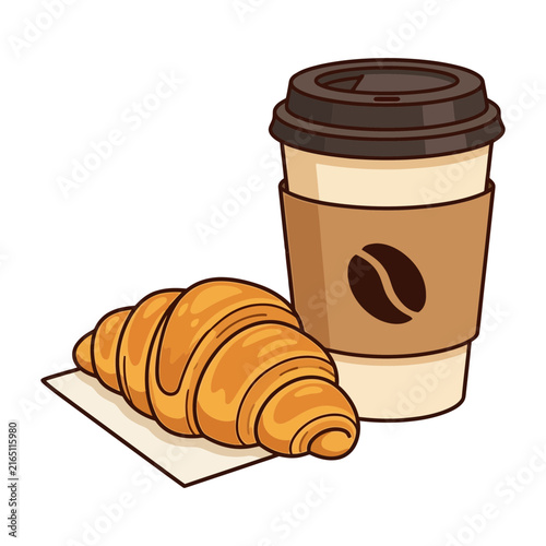 Paper coffee cup with sleeve and fresh golden croissant vector icon. Ideal flat graphic for breakfast menus, cafes, bakeries, coffee shop branding, morning snacks, take-out food, and web UI design.