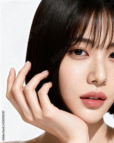 Close-Up Portrait Of Young Woman With Freckles Touching Face Natural Makeup Beauty Skin Care


