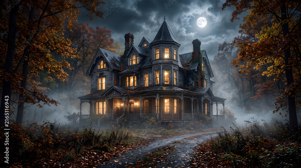 Obraz premium Spooky haunted Victorian mansion house at night with glowing windows under a full moon and dark clouds in a misty autumn forest with foggy atmosphere and eerie cinematic mystery background