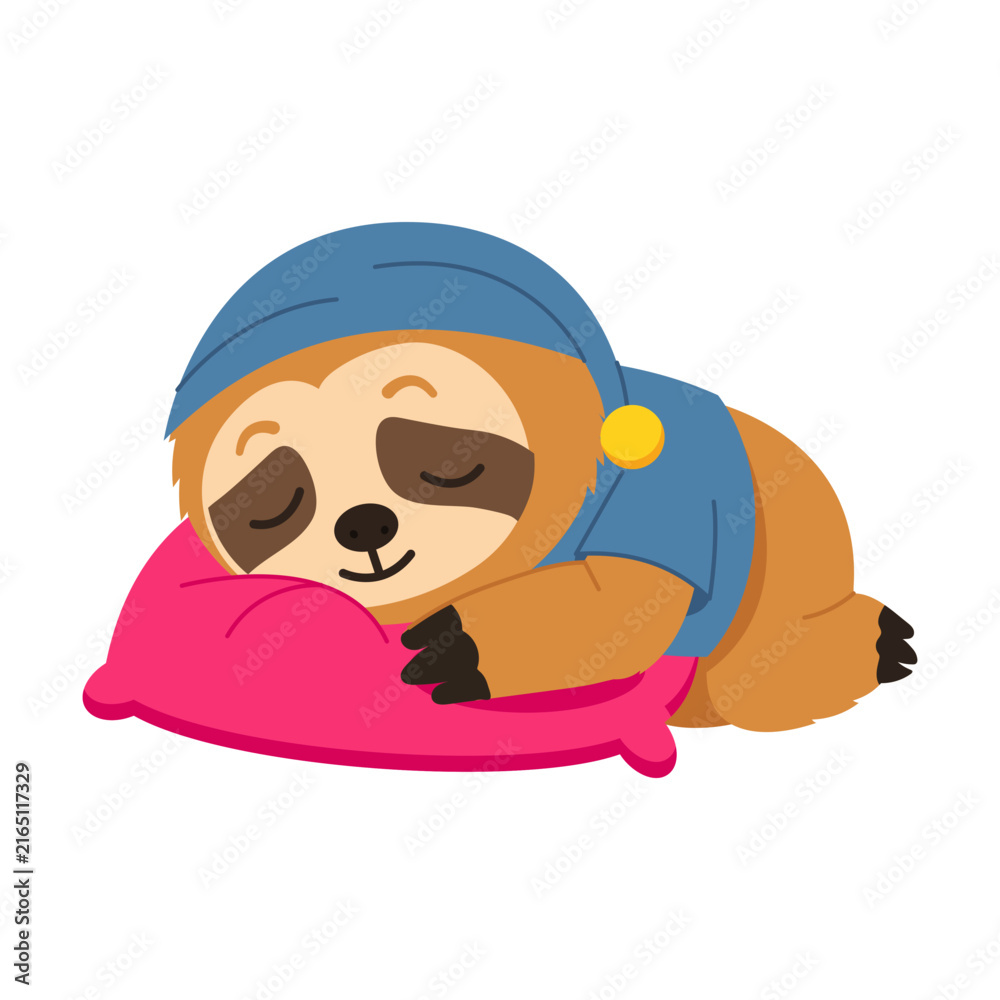 Naklejka premium Sleepy sloth character resting while holding a small plush toy, wearing a pink outfit and showing closed eyes that convey comfort, rest, and drowsiness.
