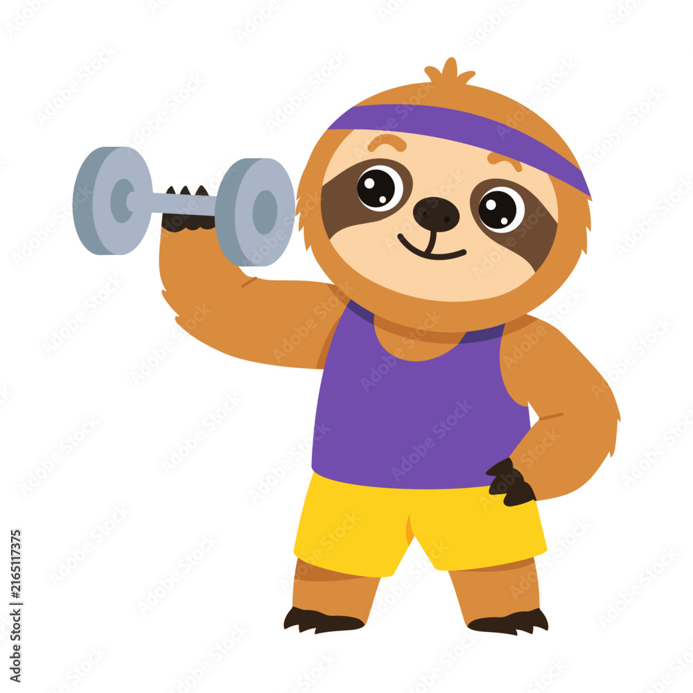 Naklejka premium Strong sloth character lifting a dumbbell with one arm, wearing a purple workout top and headband to show fitness, strength, exercise, active training.