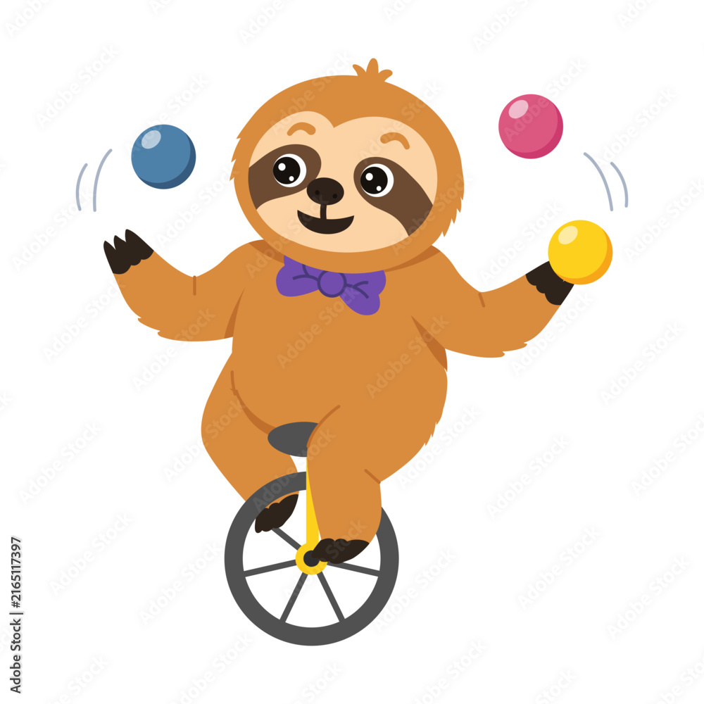 Naklejka premium Cheerful sloth character balancing on a unicycle while juggling colorful balls, creating a lively performance scene filled with coordination, fun, and movement.