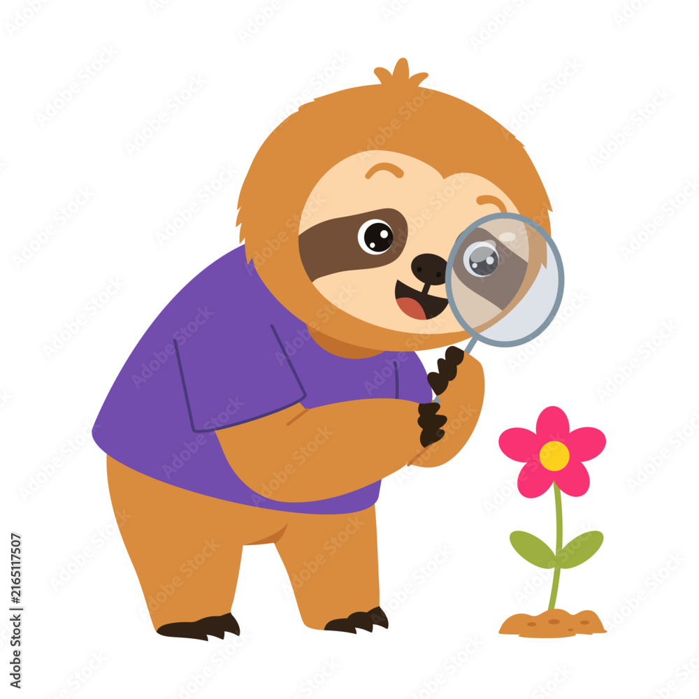 Naklejka premium Curious sloth detective holding a magnifying glass near a small flower, wearing a purple shirt while closely inspecting details in a playful scene.