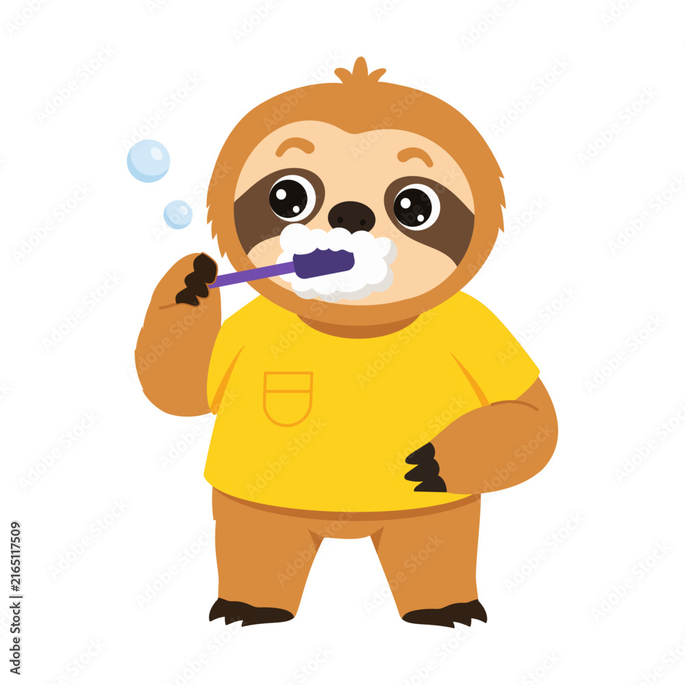 Naklejka premium Sloth character in a yellow shirt brushing teeth with foamy toothpaste, holding the toothbrush near the mouth while bubbles appear around the face.