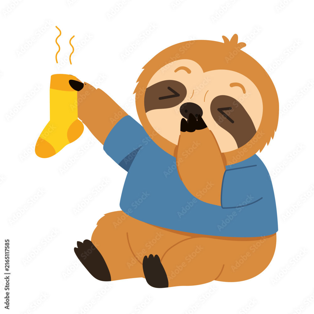 Naklejka premium Disgusted sloth character sitting while holding up a yellow sock with visible odor lines, covering its nose to react to the unpleasant smell nearby.