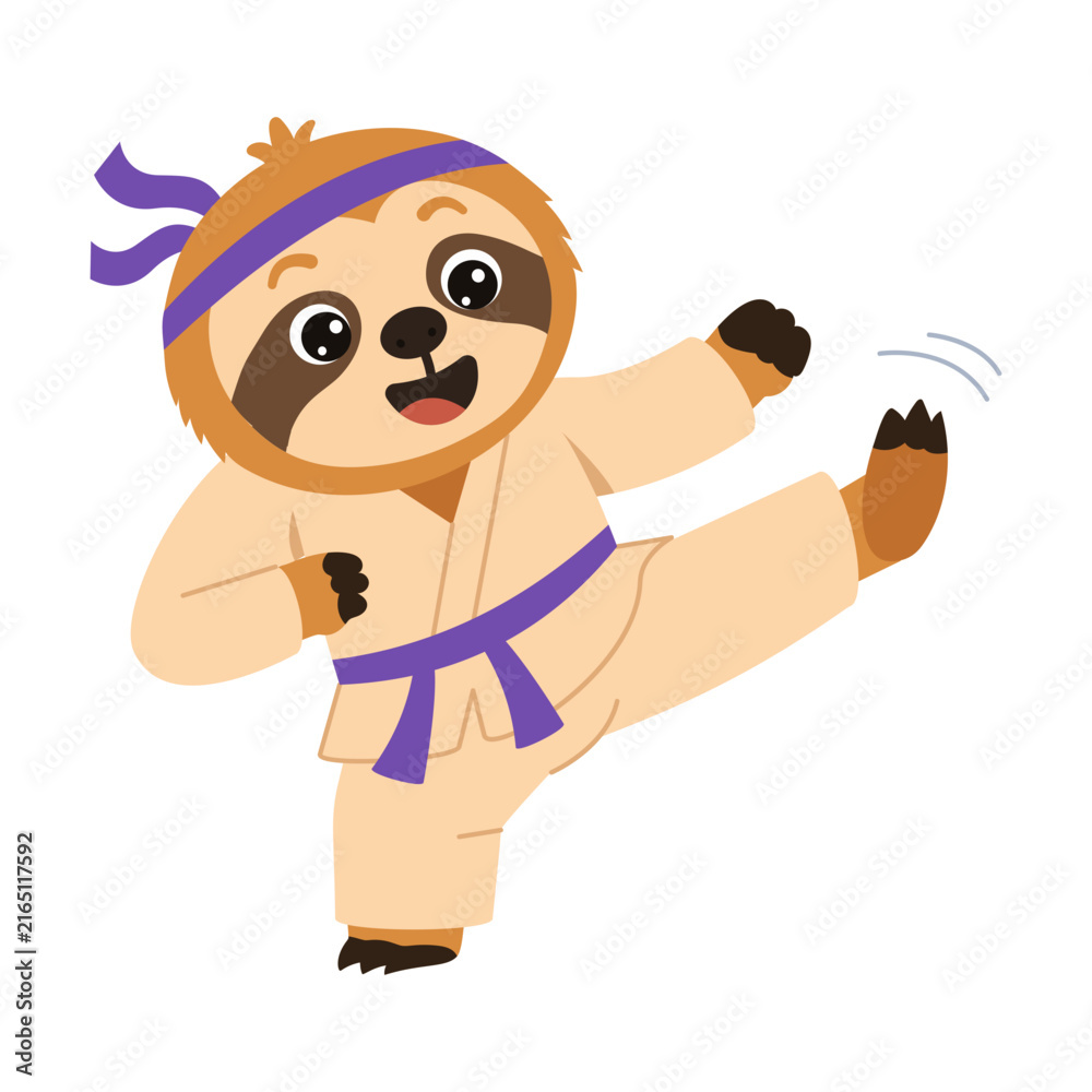 Naklejka premium Energetic sloth character wearing a martial arts uniform with a purple belt and headband, performing a high kick in a dynamic training pose.
