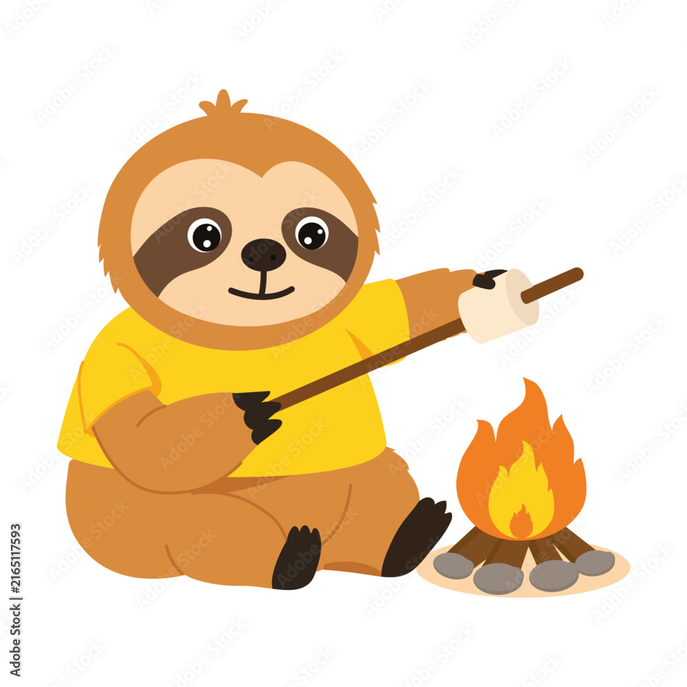 Naklejka premium Relaxed sloth character sitting beside a small campfire while holding a stick over the flames, creating a cozy outdoor camping and adventure activity scene.