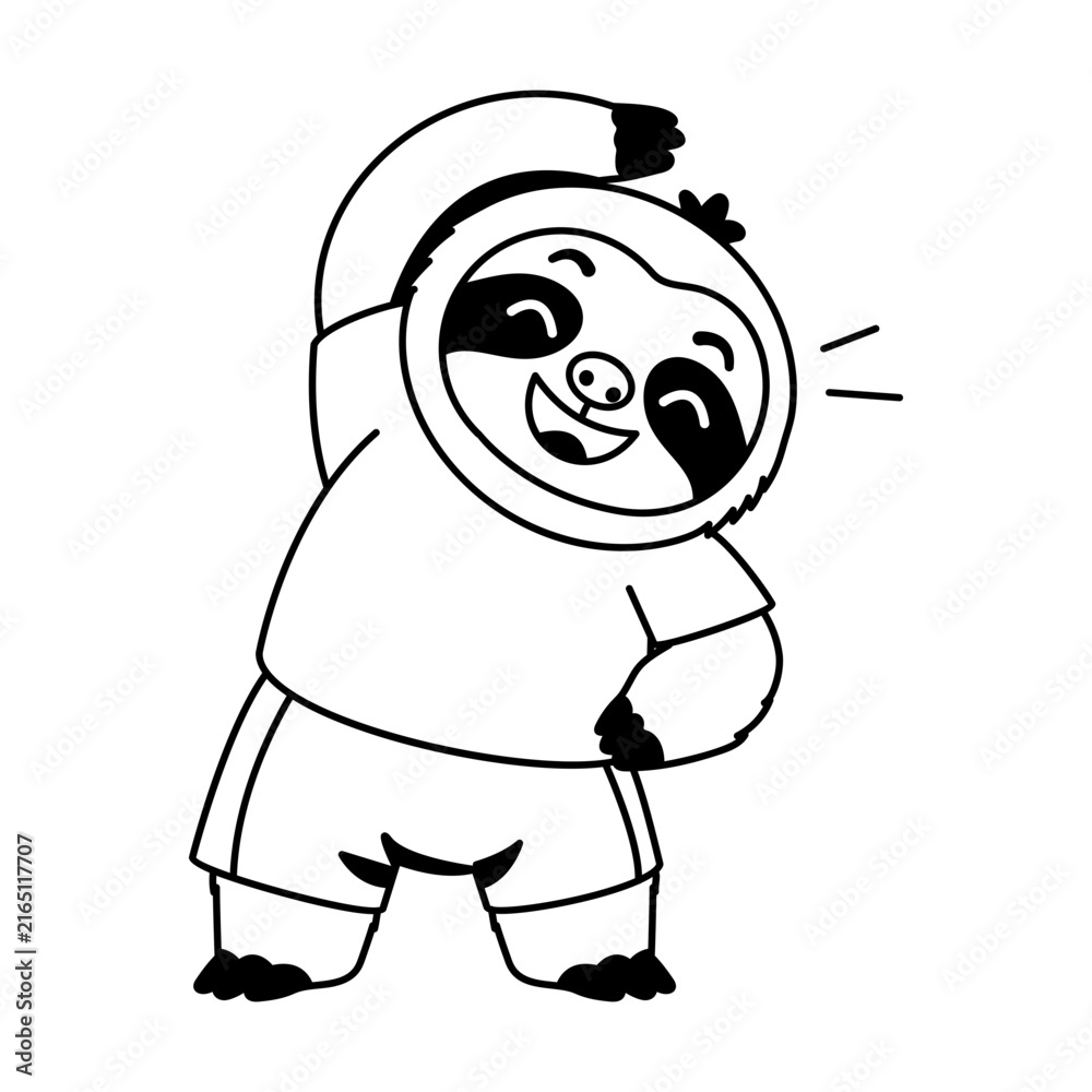 Naklejka premium Active sloth character stretching one arm overhead while wearing a blue top and yellow pants, showing a simple warm-up pose focused on flexibility and movement.