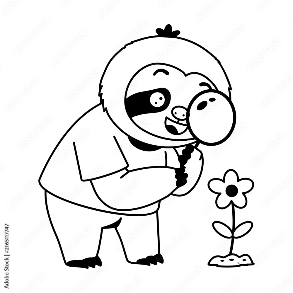 Naklejka premium Curious sloth detective holding a magnifying glass near a small flower, wearing a purple shirt while closely inspecting details in a playful scene.