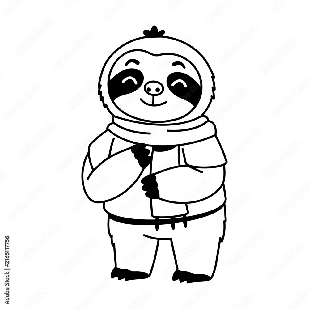 Naklejka premium Cozy sloth character standing in a purple shirt with a bright yellow scarf wrapped around the neck, smiling warmly in a simple seasonal winter outfit.