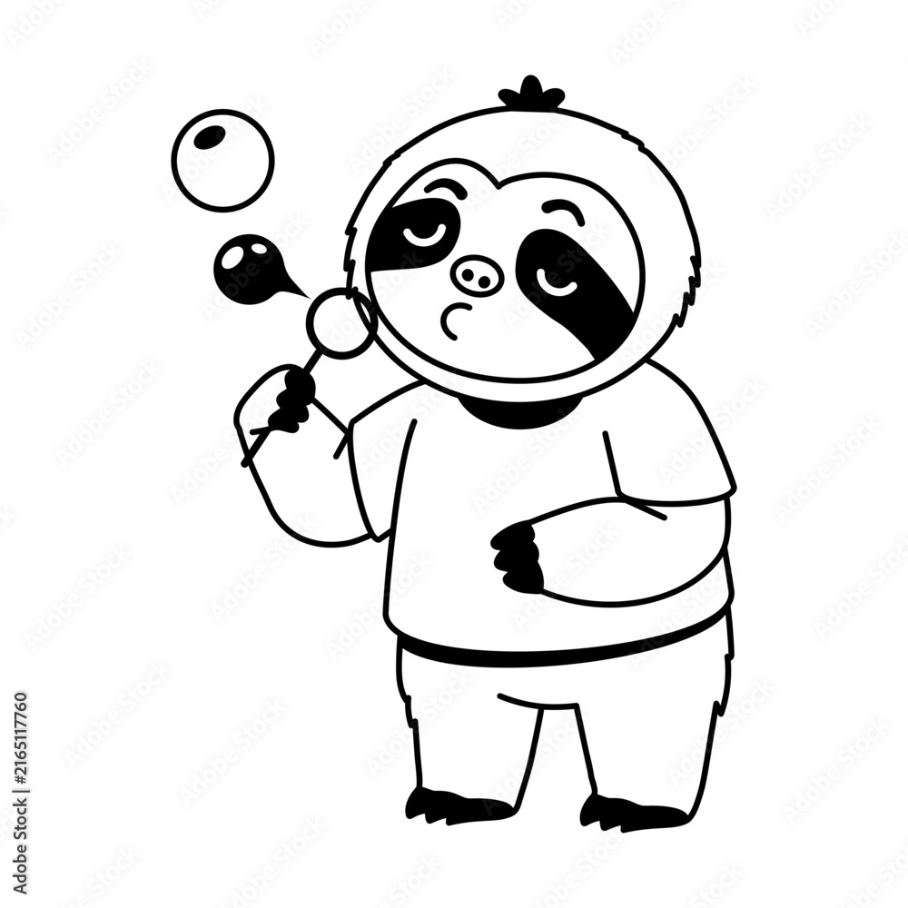Naklejka premium Sloth character in a purple shirt blowing soap bubbles with a small wand, creating floating blue bubbles while standing in a relaxed, playful pose.
