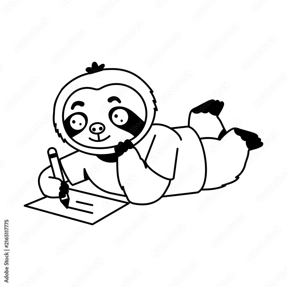 Naklejka premium Focused sloth character lying on the floor while writing on paper with a pencil, wearing a purple outfit and showing a calm study activity scene.