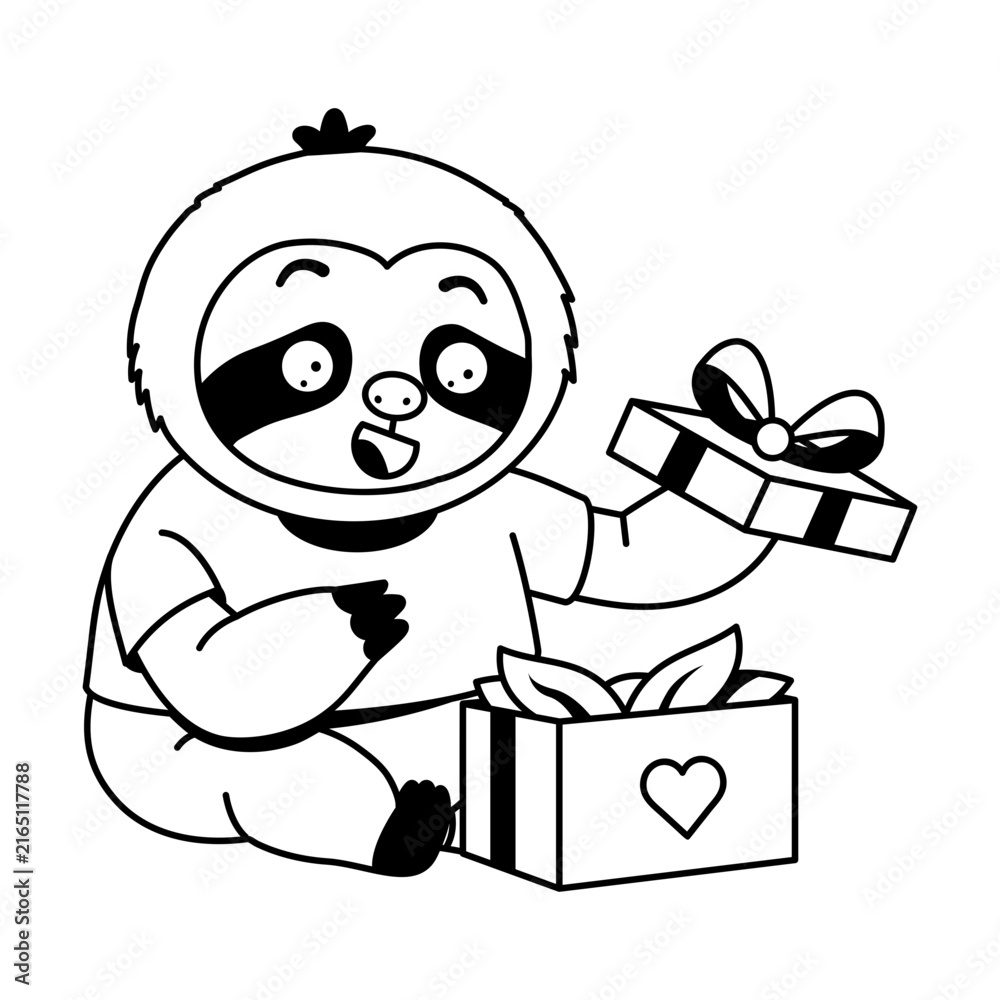 Naklejka premium Excited sloth character opening a white gift box with a heart symbol, lifting a wrapped present while smiling brightly at the colorful surprise inside.