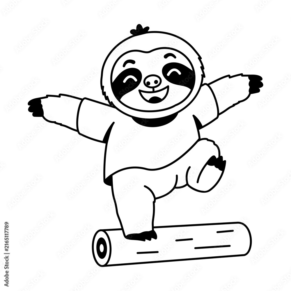 Fototapeta premium Playful sloth character balancing on one foot atop a wooden log, wearing a yellow shirt while stretching both arms outward to maintain stability.