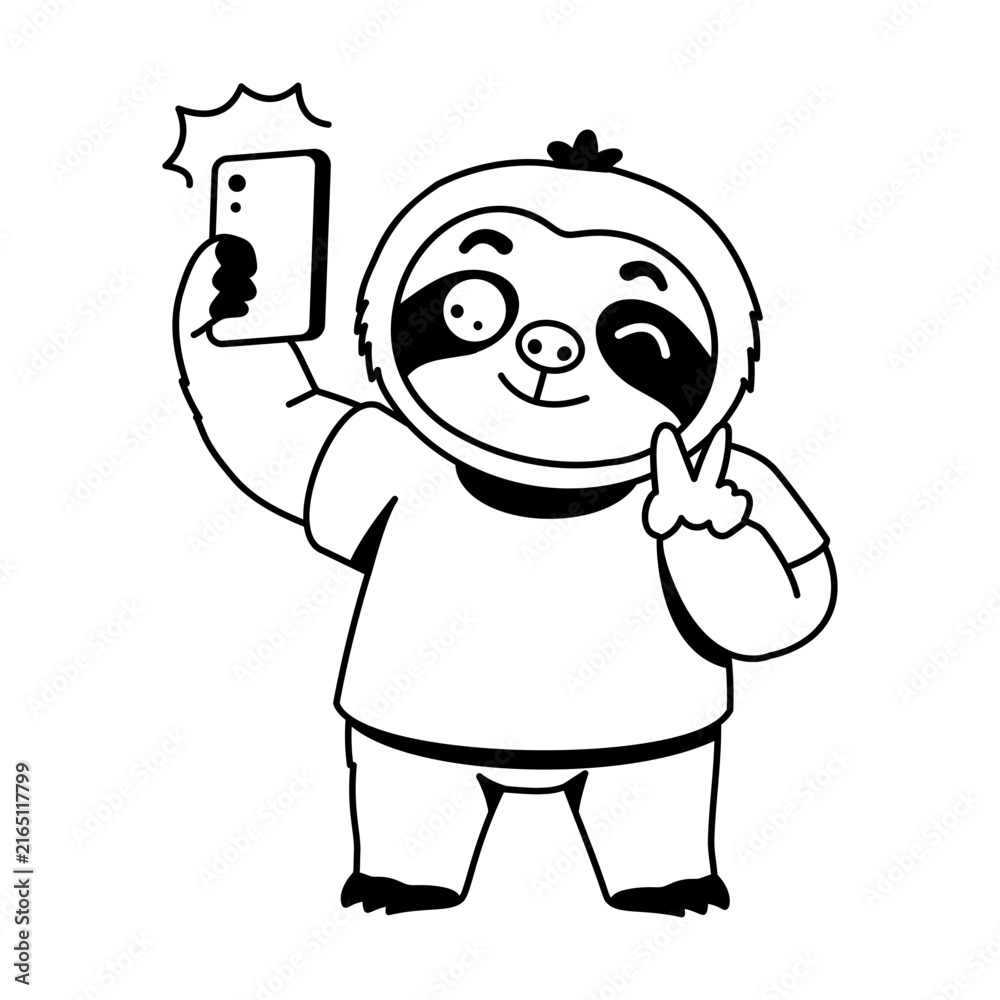 Naklejka premium Cheerful sloth character holding a smartphone overhead to take a selfie, wearing a blue shirt while smiling and posing with one hand near the face.