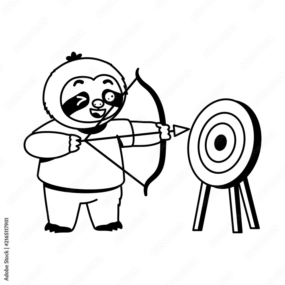Naklejka premium Focused sloth character holding a bow and aiming an arrow toward a round target, showing concentration and skill during a simple archery sports activity.