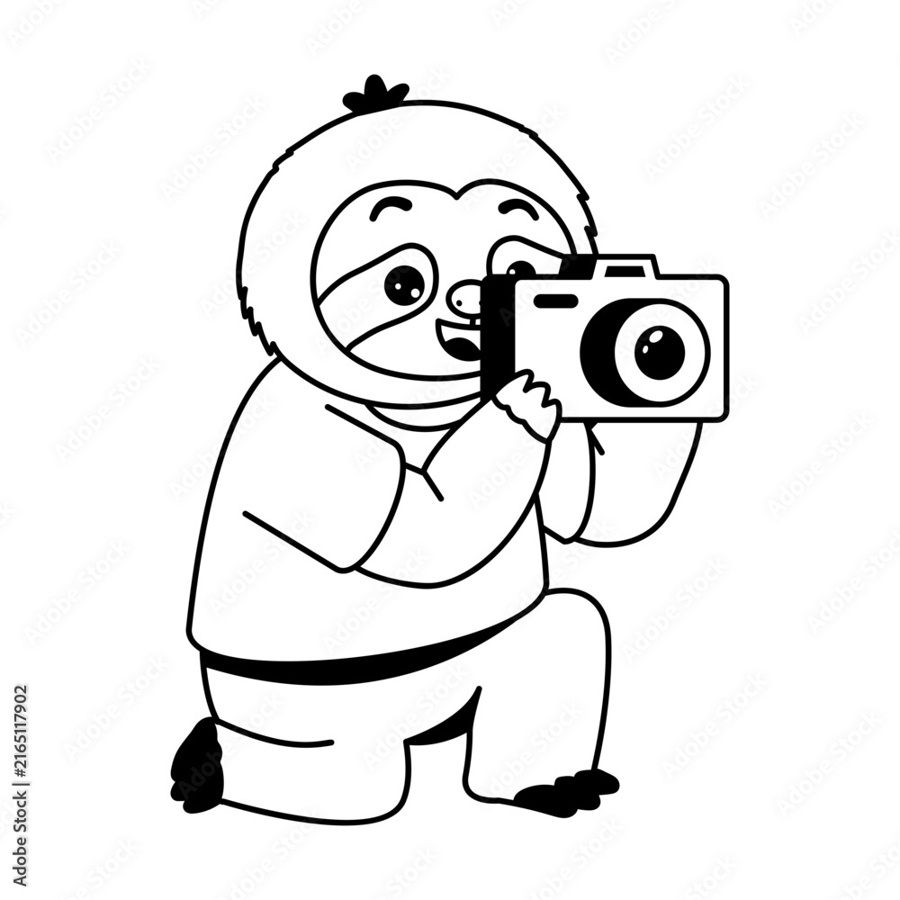 Naklejka premium Creative sloth character holding a camera up to its face, carefully taking a picture while standing in a simple photography and visual storytelling scene.