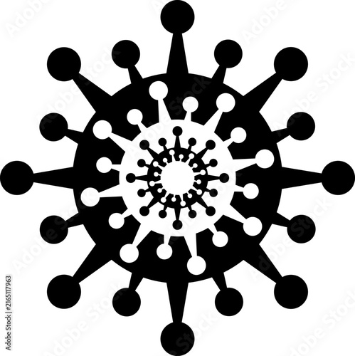 Abstract black radial geometric symbol with concentric circular patterns, dots, and pointed elements isolated on a white background.