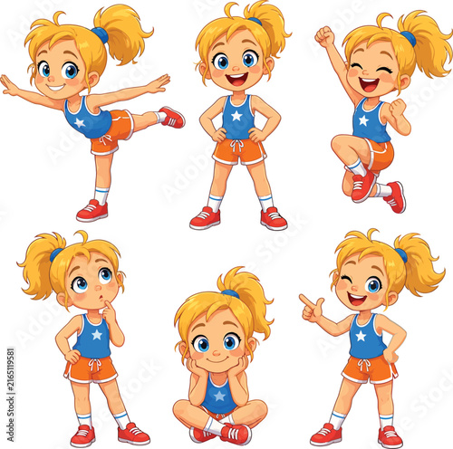 Cute cartoon girl in athletic sportswear showing various poses and emotions