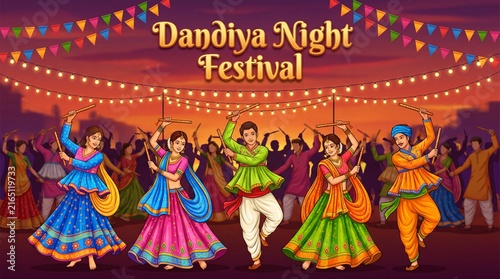 Dandiya Night Festival Celebration with Traditional Garba Dancers Performing During Navratri Cultural Event