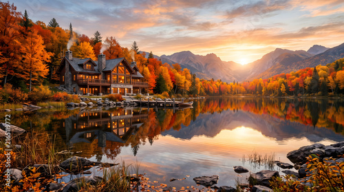 Cozy wooden log cabin retreat nestled in vibrant autumn forest by a calm lake with mountain sunset reflection at golden hour with glowing windows and smoking chimneys in fall wilderness landscape