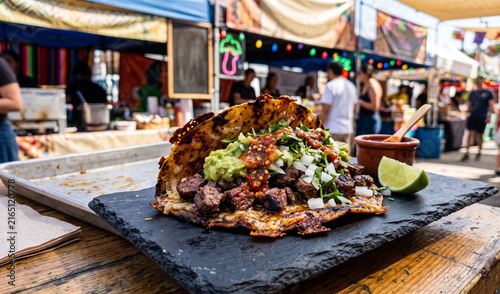 A rich Vampiro street taco served on a dark slate board, Extremely crisp, griddled corn tortilla topped with melted cheese crust, seared carne asada steak, guacamole, diced onions, cilantro, and spicy