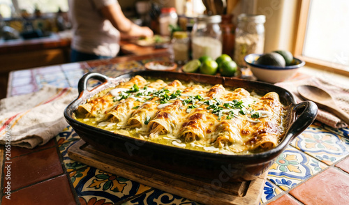 A rich baking dish of Enchiladas Suizas fresh out of the oven, Shredded chicken corn enchiladas smothered in creamy green tomatillo sauce and a bubbling, golden-brown layer of melted Swiss and Mancheg