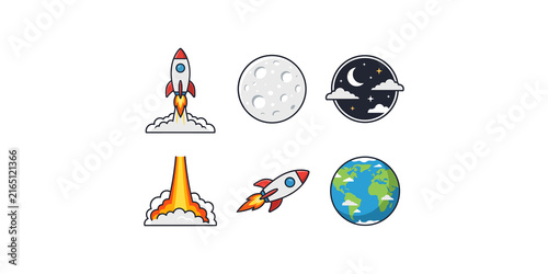 Foto Space exploration flat design illustrations featuring rockets launching moon phases night sky views and earth planet globe