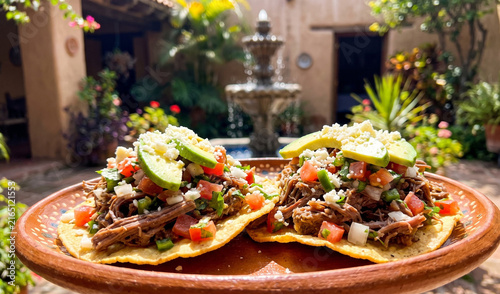 crispy corn tostadas piled with Salpicon de Res on a clay platter, Chilled shredded beef tossed with diced tomatoes, onions, cilantro, jalapenos, and oregano-vinegar dressing, topped with avocado slic