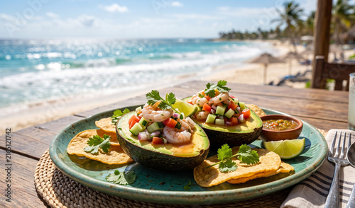 A rich plate of shrimp ceviche served inside a halved avocado on a sea-green ceramic platter, Citrus-cured tender shrimp tossed with cucumber, tomato, red onion, cilantro, and clamato sauce, garnished