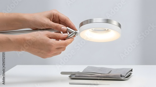 Person adjusting a modern portable LED magnifying desk lamp on a white table.