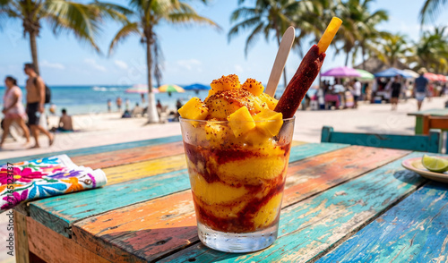 A rich layered Mangonada sorbet dessert in a clear dessert glass on a colorful wooden table, Bright yellow mango sorbet swirled with red chamoy sauce, topped with diced fresh mango chunks, Taj�n chili
