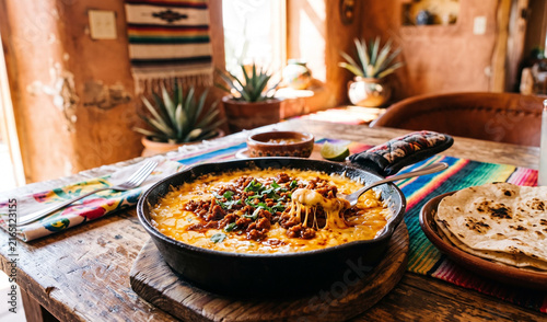 A rich bubbling skillet of Queso Fundido with Chorizo served in a small cast-iron pan, Gooey, melted stretchy Asadero and Oaxaca cheese topped with spicy crumbled red chorizo, served with warm flour t