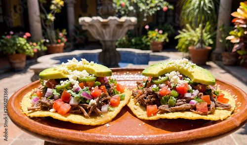 crispy corn tostadas piled with Salpicon de Res on a clay platter, Chilled shredded beef tossed with diced tomatoes, onions, cilantro, jalapenos, and oregano-vinegar dressing, topped with avocado slic