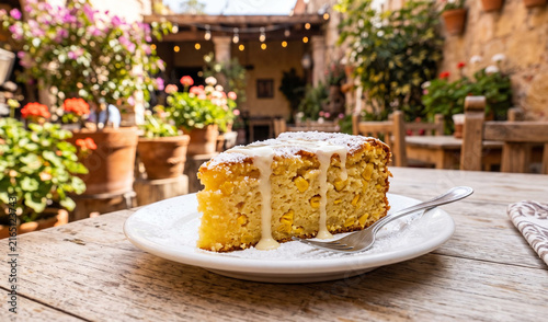A rich slice of golden Pastel de Elote served on a white porcelain dish on a light wooden table, Moist, tender sweet corn cake texture with visible corn kernels, drizzled with sweet condensed milk and